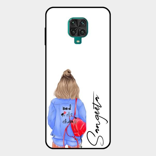 Bag Girl Customize Name Glass Case For Redmi Note 10 Lite
