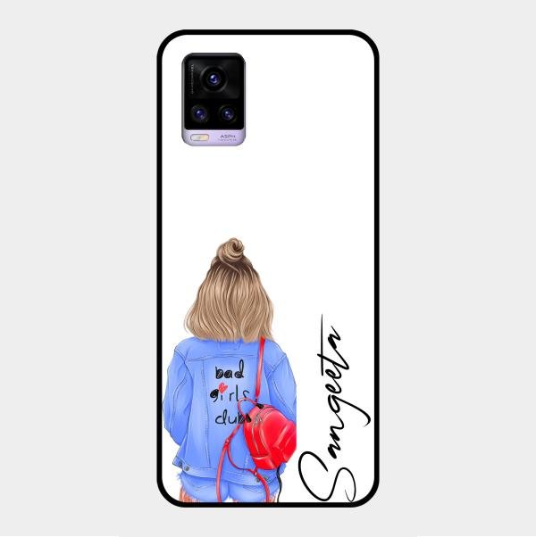 Bag Girl Customize Name Glass Case For Vivo V20