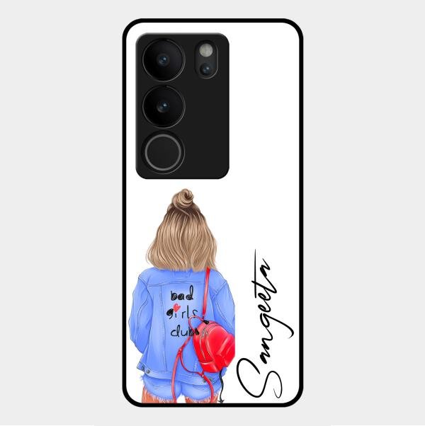 Bag Girl Customize Name Glass Case For Vivo V29 Pro 5G