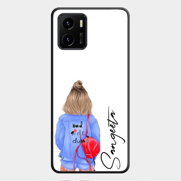 Bag Girl Customize Name Glass Case For Vivo Y01