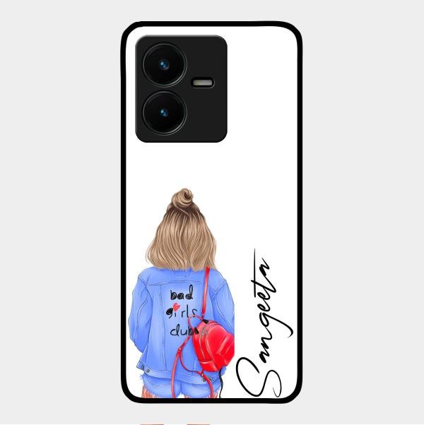 Bag Girl Customize Name Glass Case For Vivo Y22