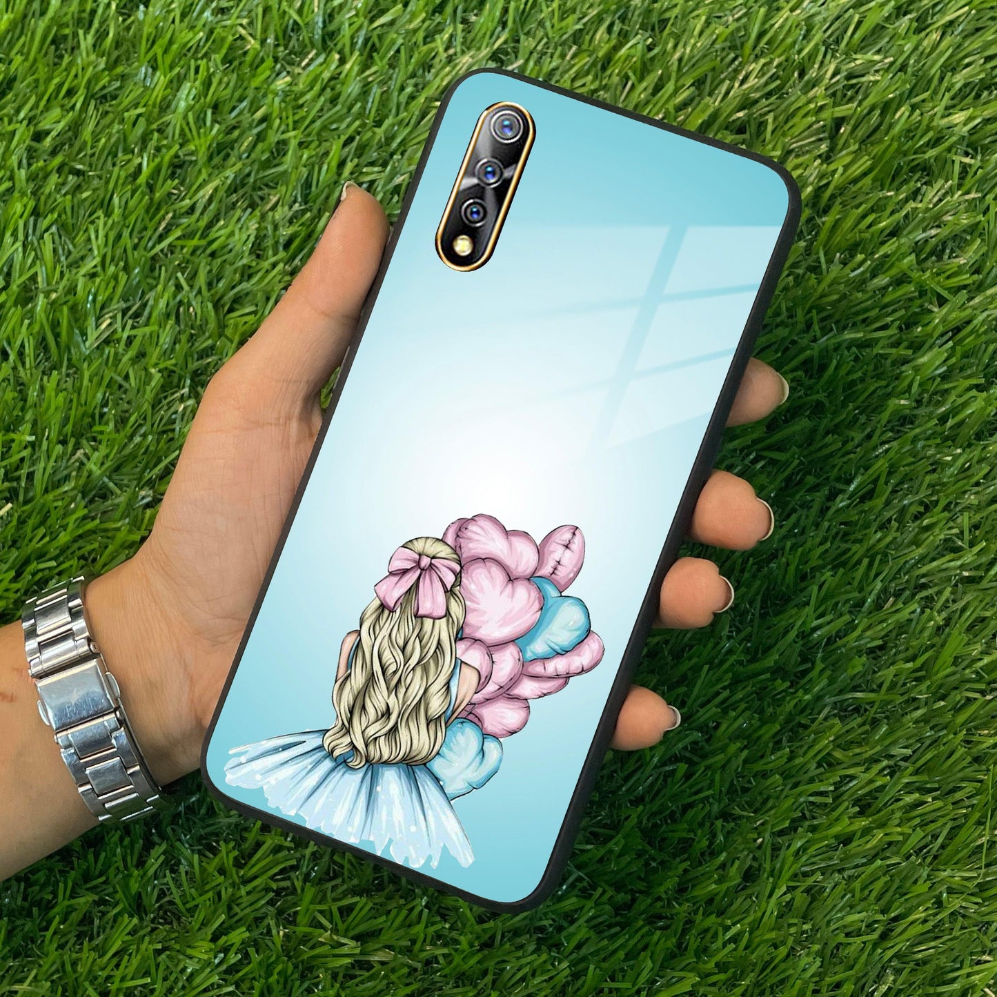 Styles Girl With Balloon Glass Case For Vivo