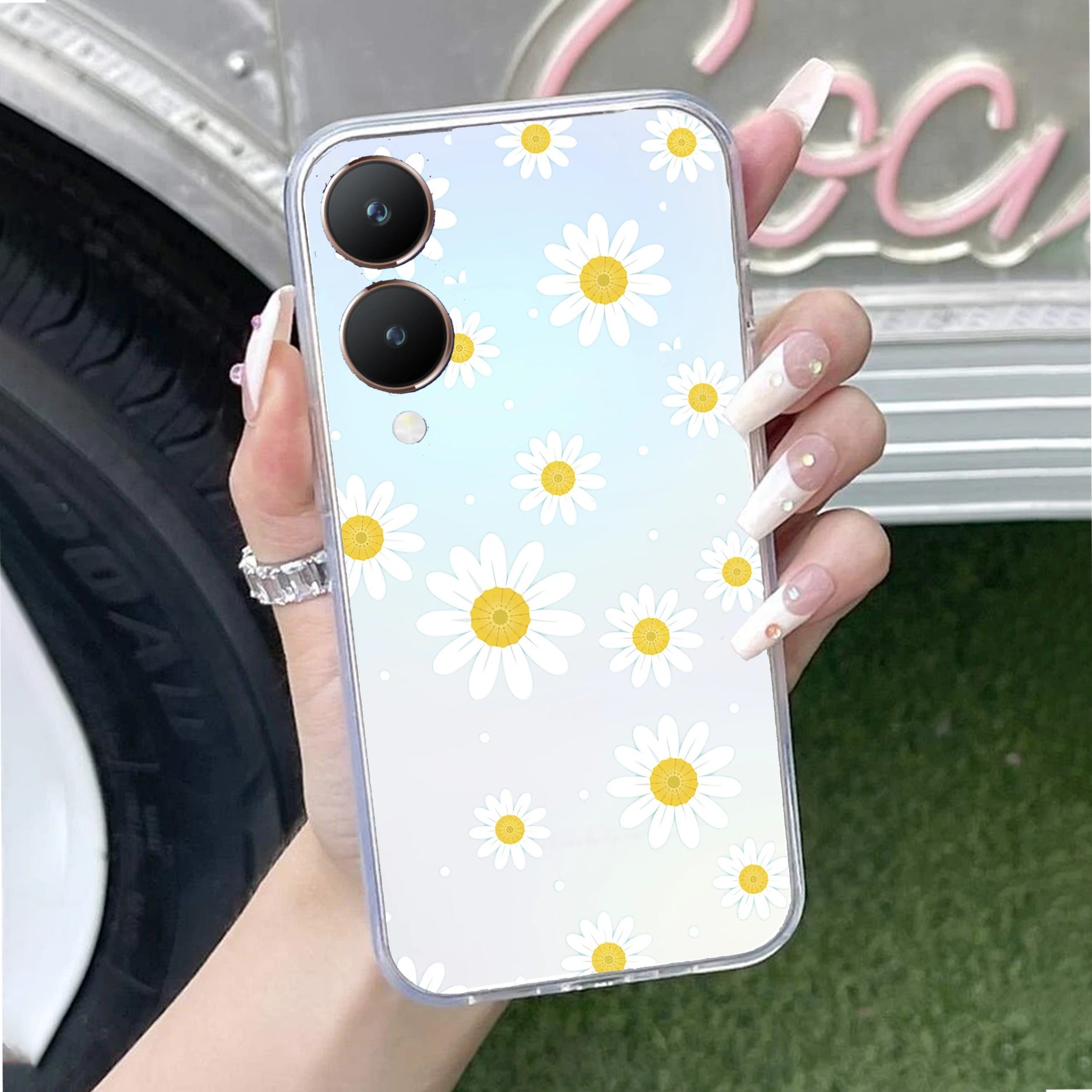 Beautiful Daisy Floral Transparent Silicon Case For Vivo Y28 5G