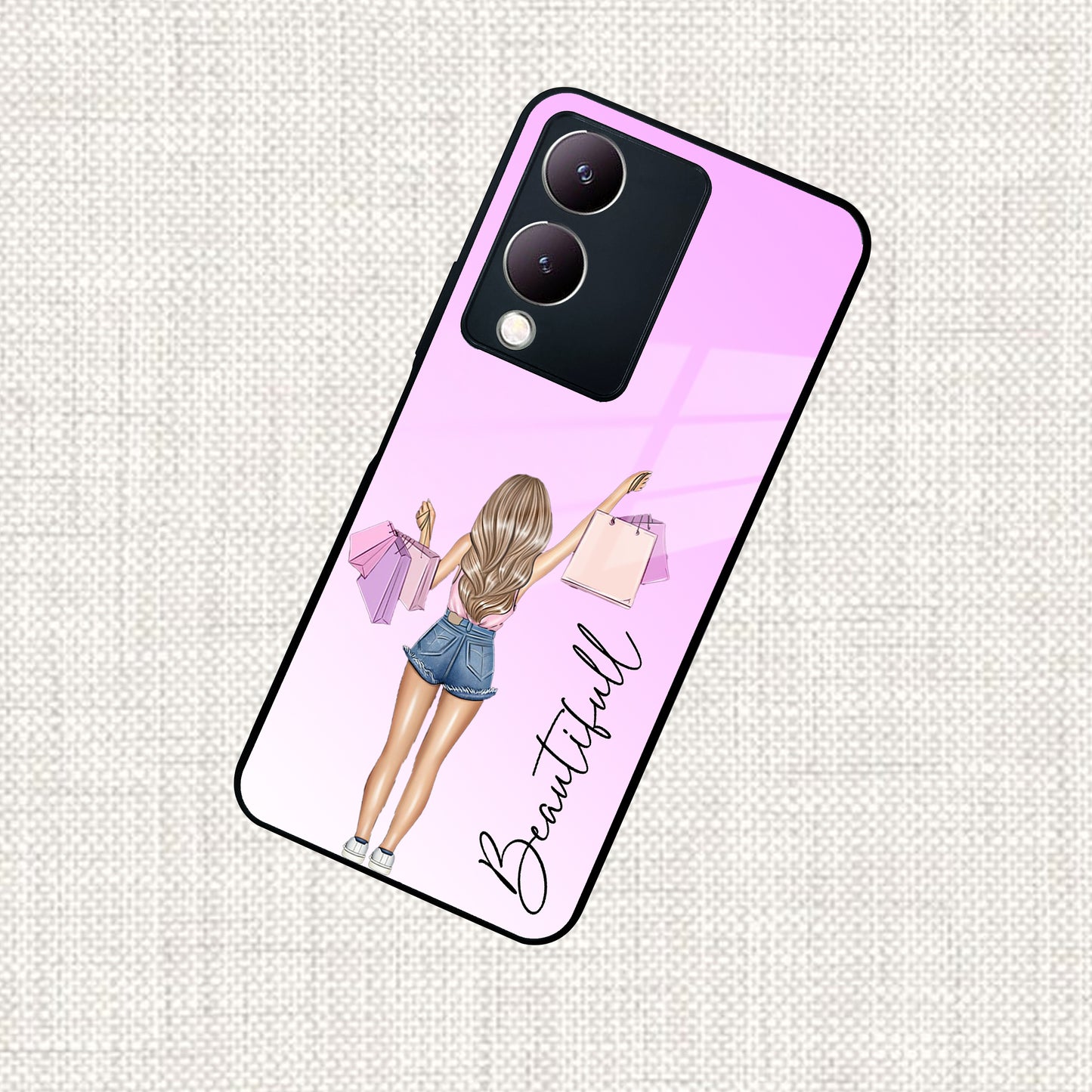 Girl With Bag Customize Name Glass Case For Vivo