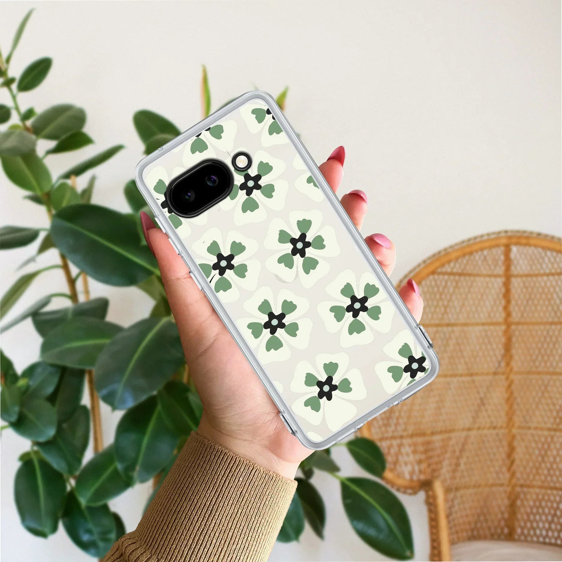 Black and Green Flower Transparent silicon case For Google Pixel 9a 5G