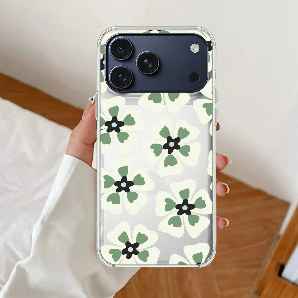 Black and Green Flower Transparent silicon case For iPhone 13