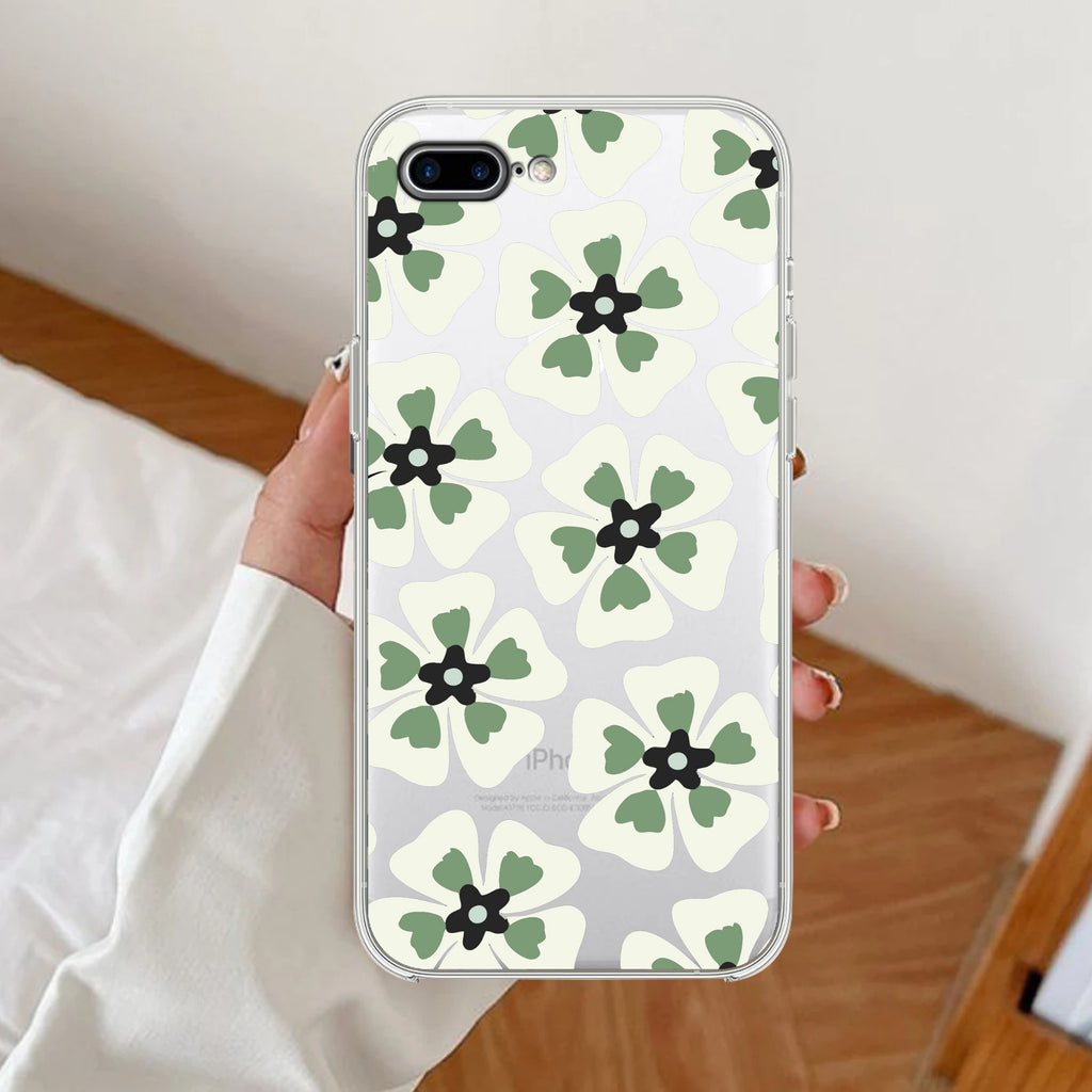 Black and Green Flower Anti Yellow Clear Case For iPhone 7 Plus / iPhone 8 Plus