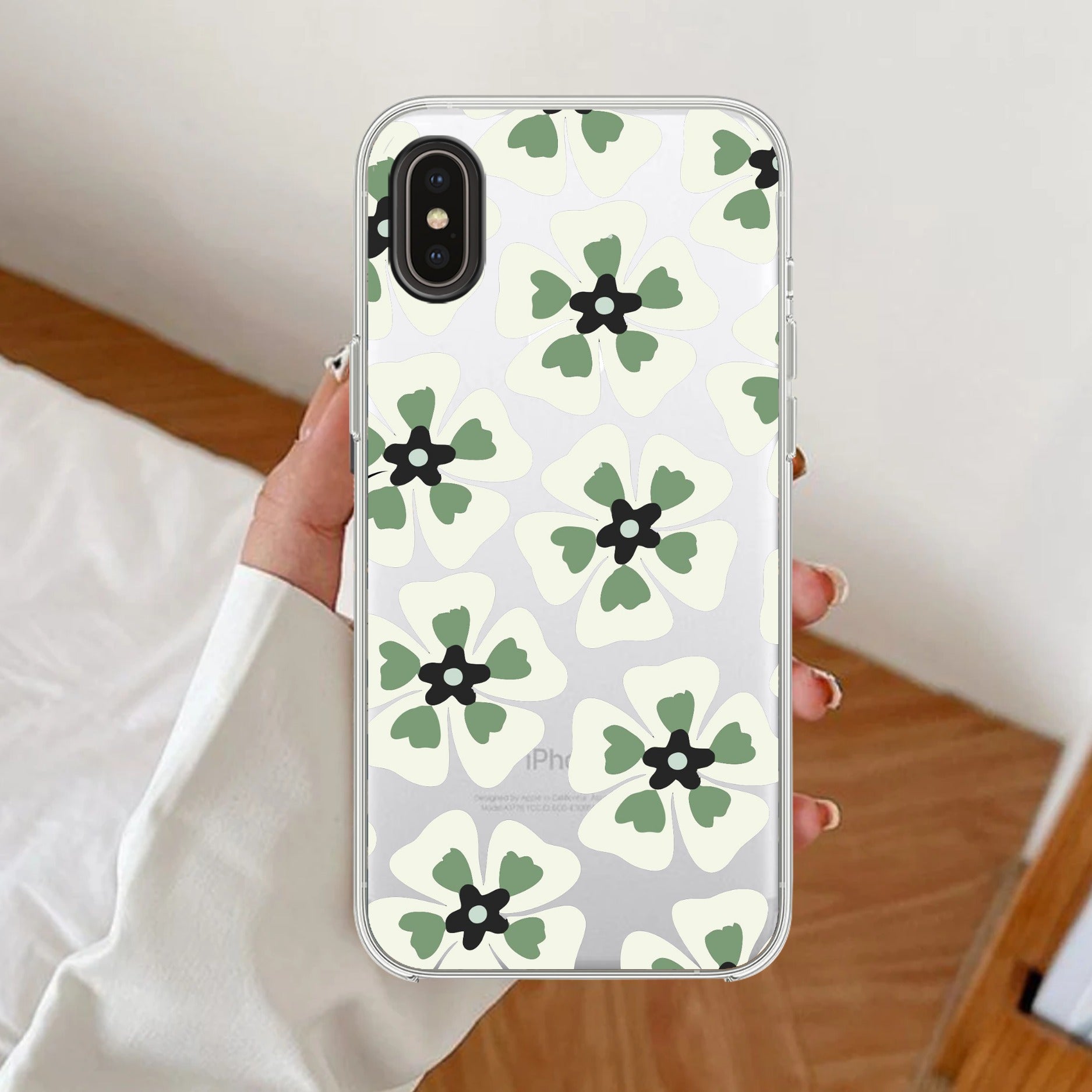 Black and Green Flower Transparent silicon case For iPhone Xs Max