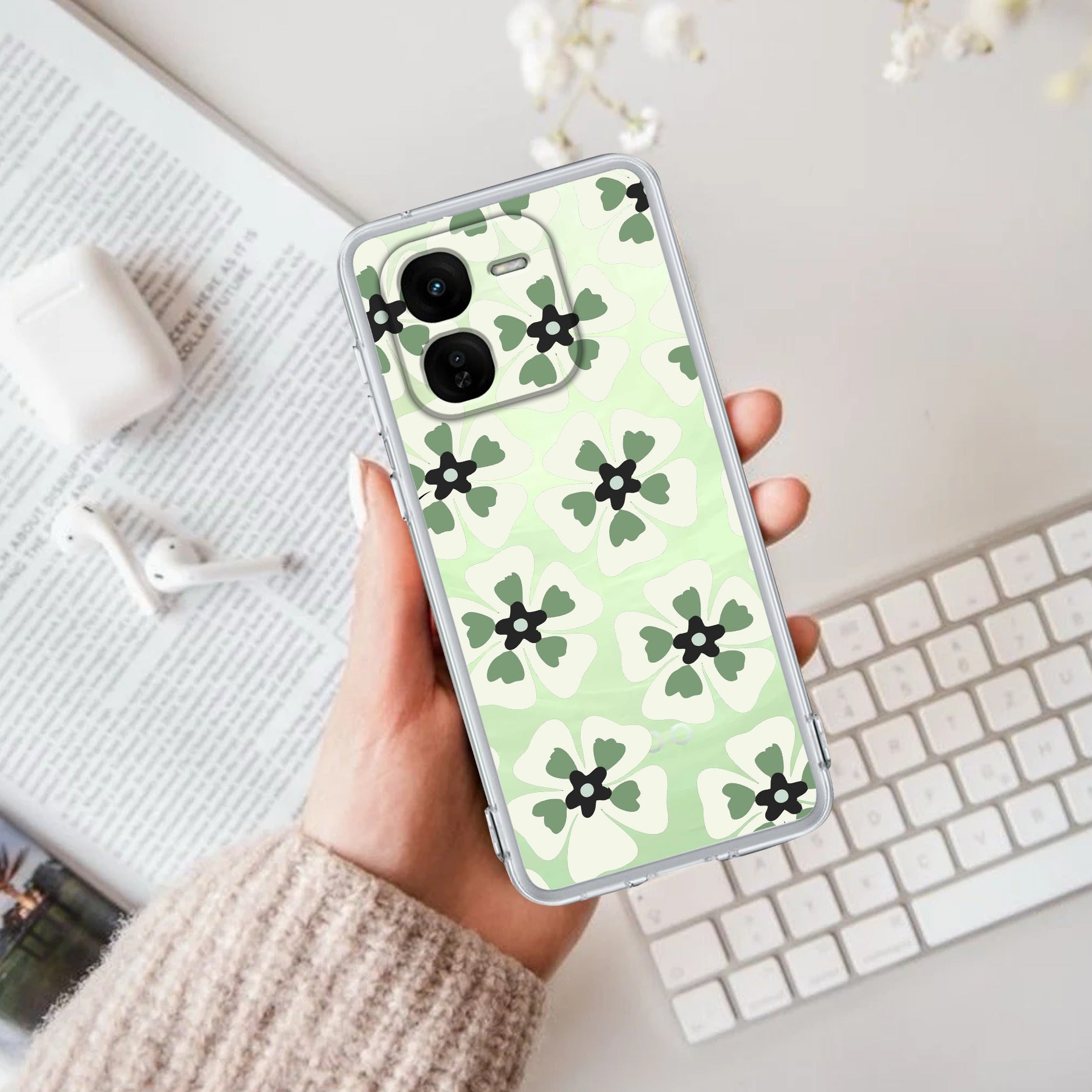 Black and Green Flower Transparent silicon case For iQOO Z9x 5G