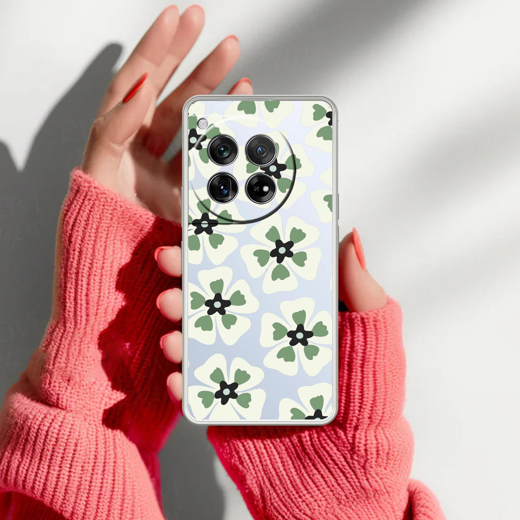 Black and Green Flower Anti Yellow Case For OnePlus 12 5G