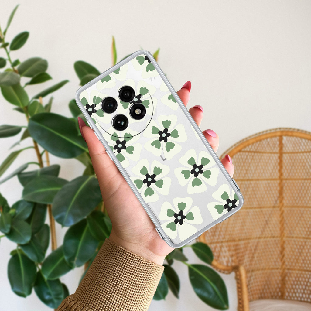 Black and Green Flower Anti Yellow Case For OnePlus 13 5G
