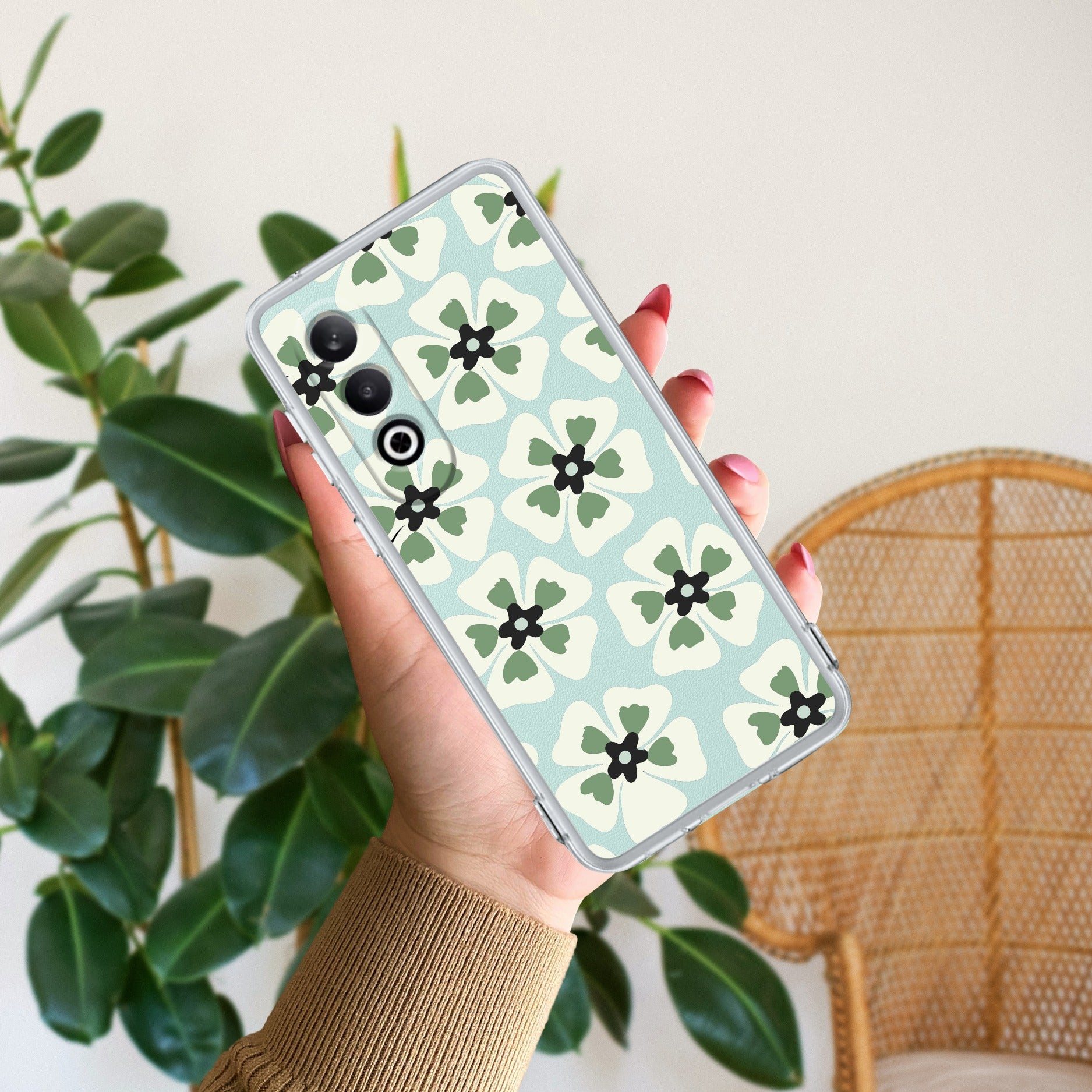 Black and Green Flower Anti Yellow Case For OnePlus Nord CE 4 5G