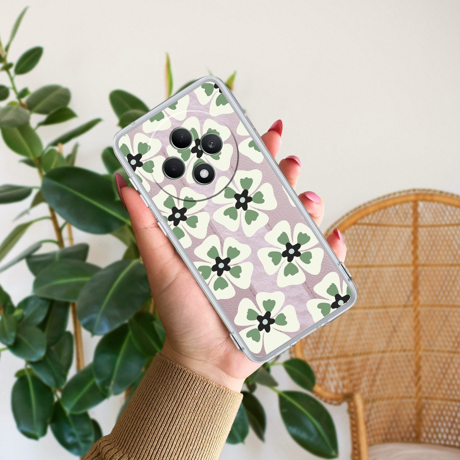 Black and Green Flower Anti Yellow Case For Oppo F27 Pro Plus 5G