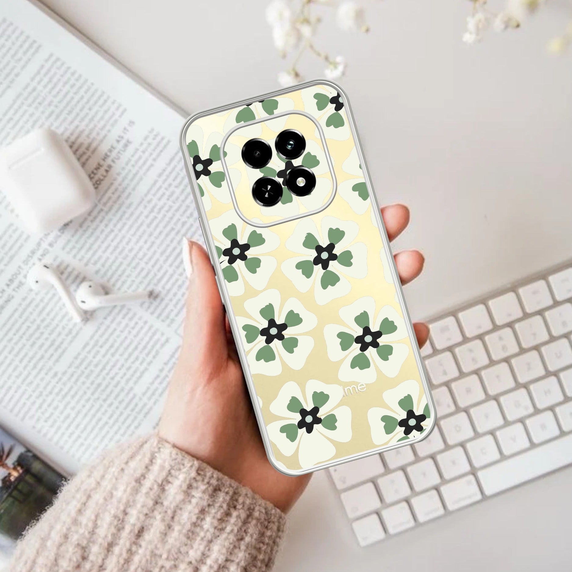 Black and Green Flower Transparent silicon case For Oppo F29 5G