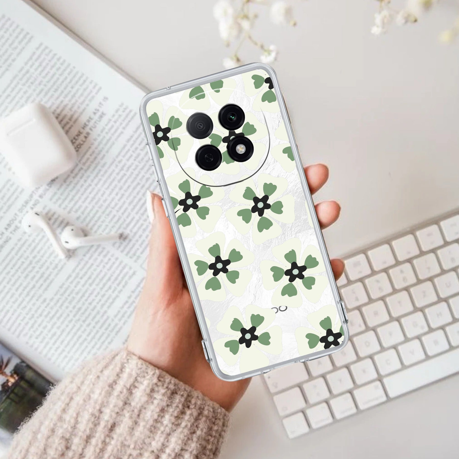 Black and Green Flower Transparent silicon case For Oppo F29 Pro 5G