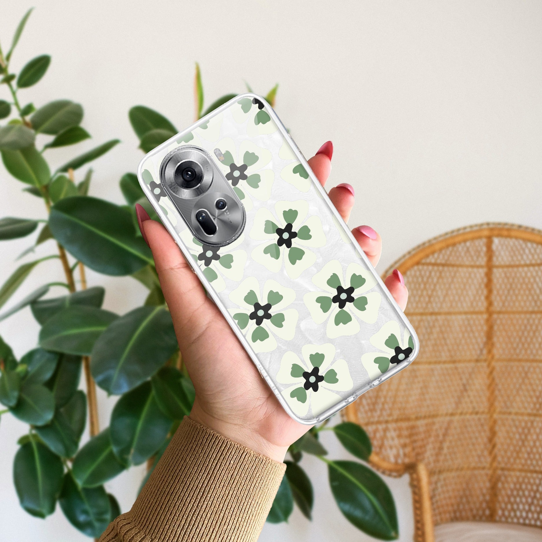Black and Green Flower Anti Yellow Case For Oppo Reno 11 5G