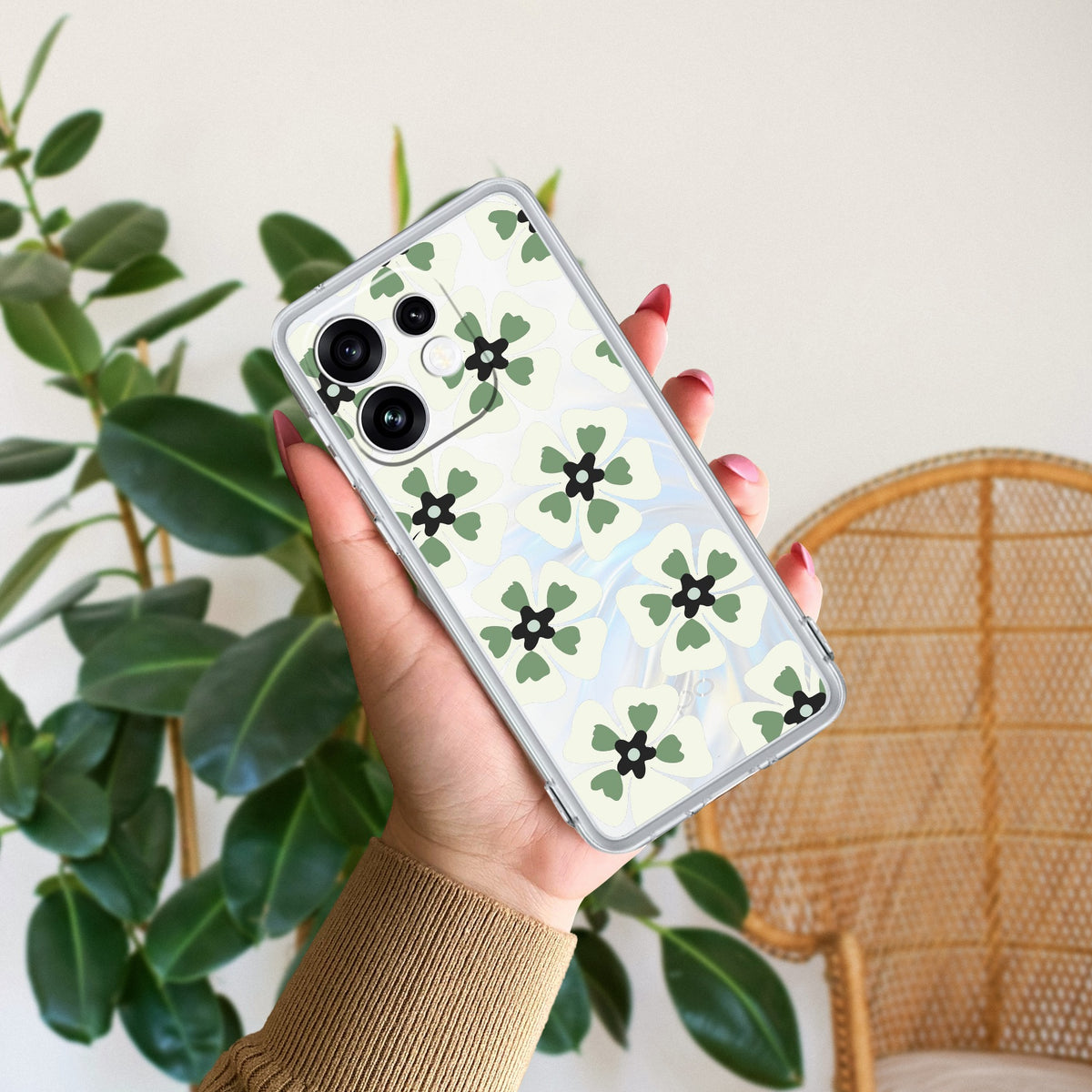 Black and Green Flower Anti Yellow Case For Oppo Reno 16 5G