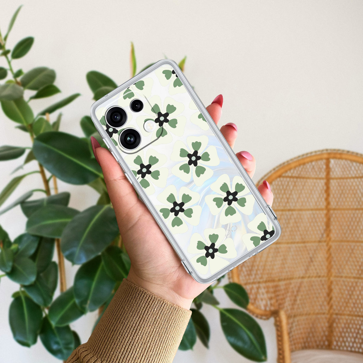 Black and Green Flower Anti Yellow Case For Oppo Reno 16C 5G