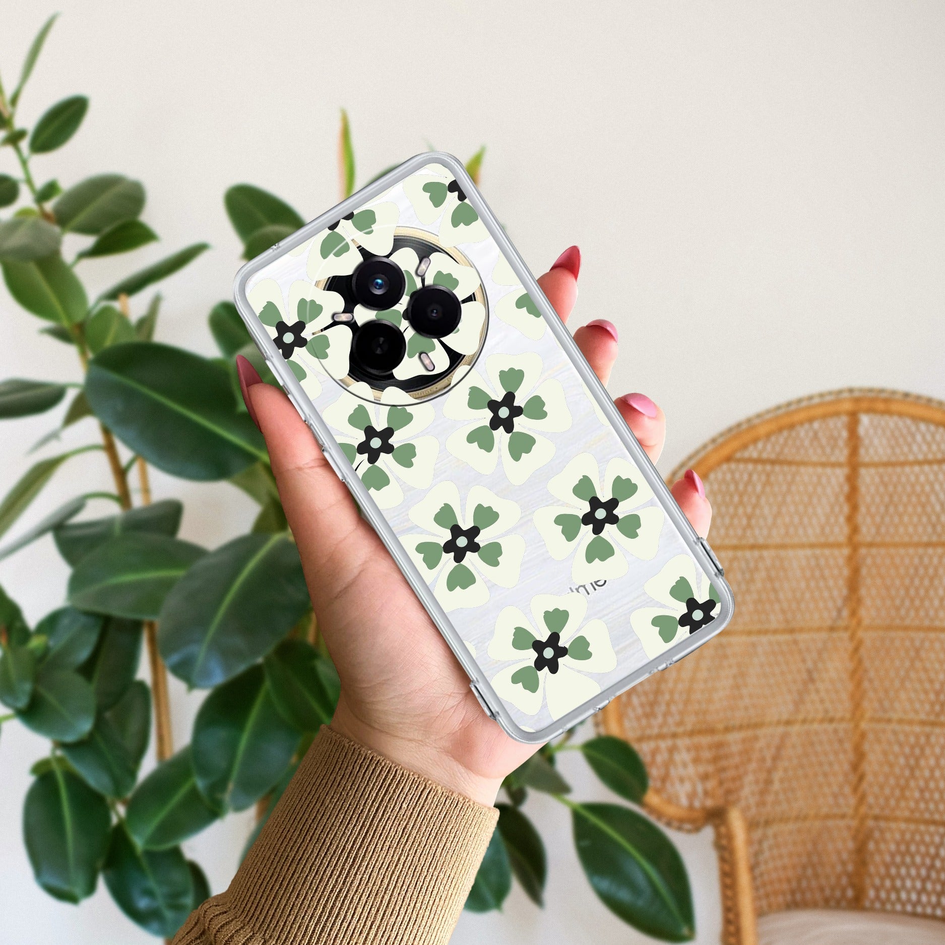 Black and Green Flower Transparent silicon case For Realme 14 Pro 5G