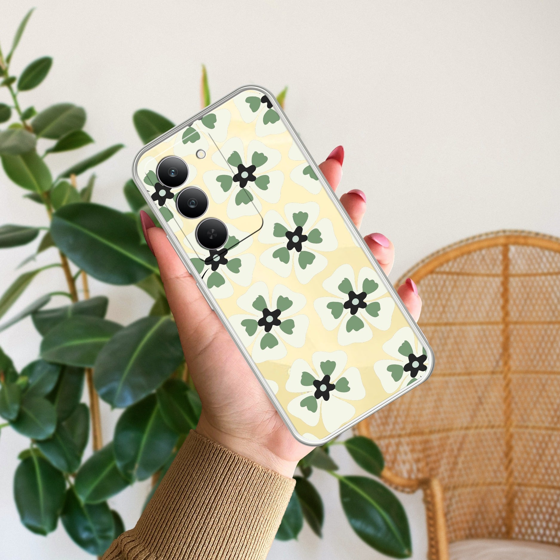 Black and Green Flower Transparent silicon case For Realme 14x 5G