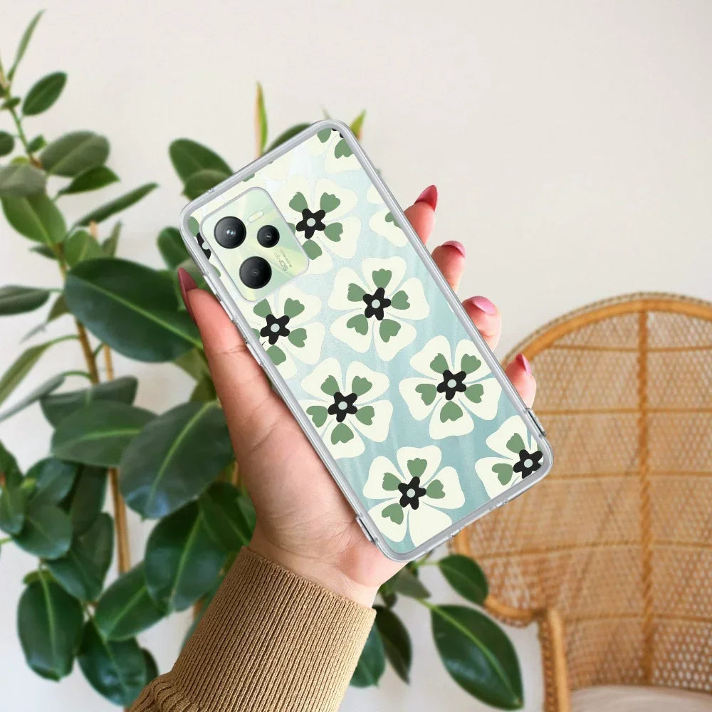 Black and Green Flower Transparent silicon case For Realme C35 / Realme Narzo 50A Prime