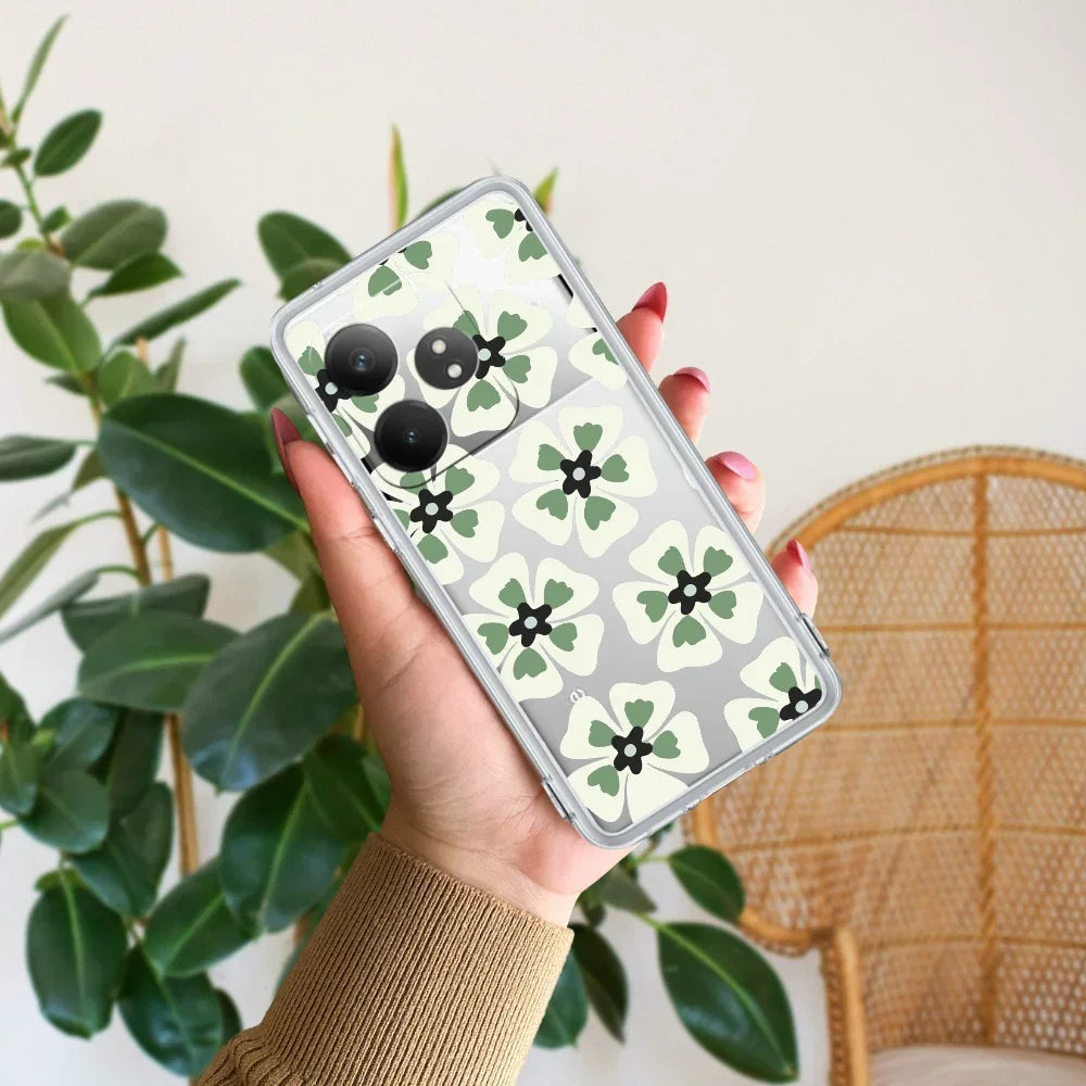 Black and Green Flower Transparent silicon case For Realme 14x 5G