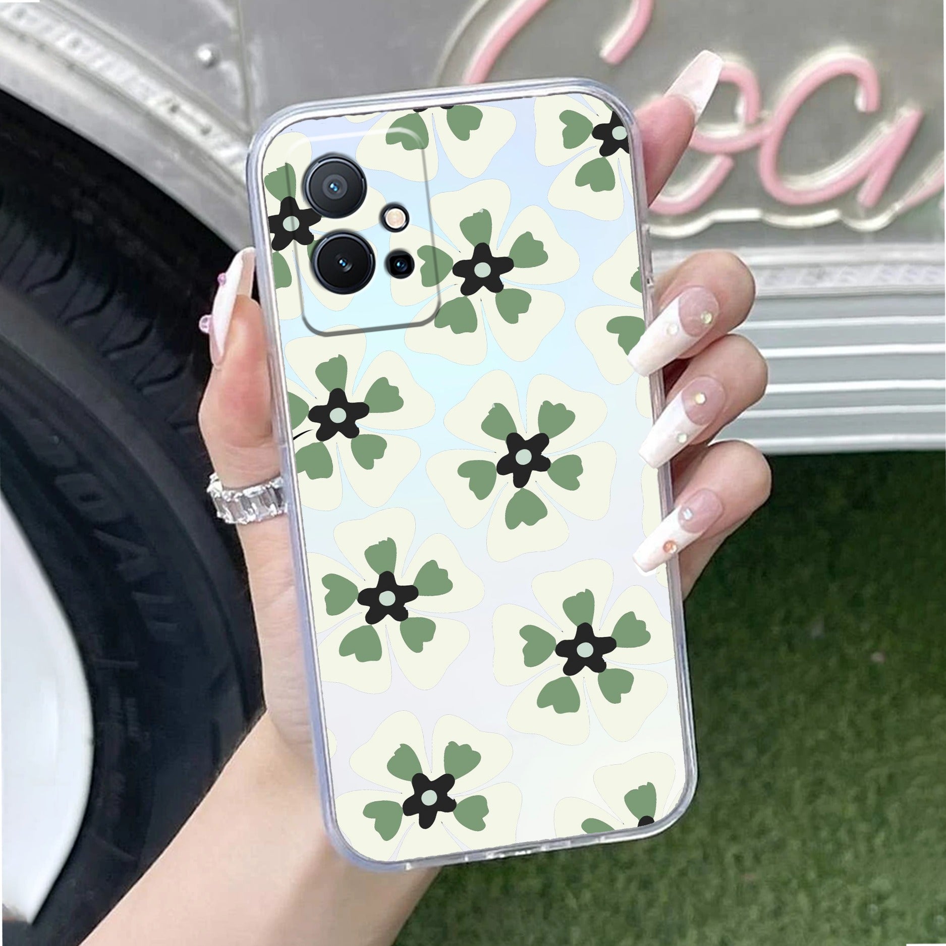 Black and Green Flower Transparent silicon case For Vivo T2 5G