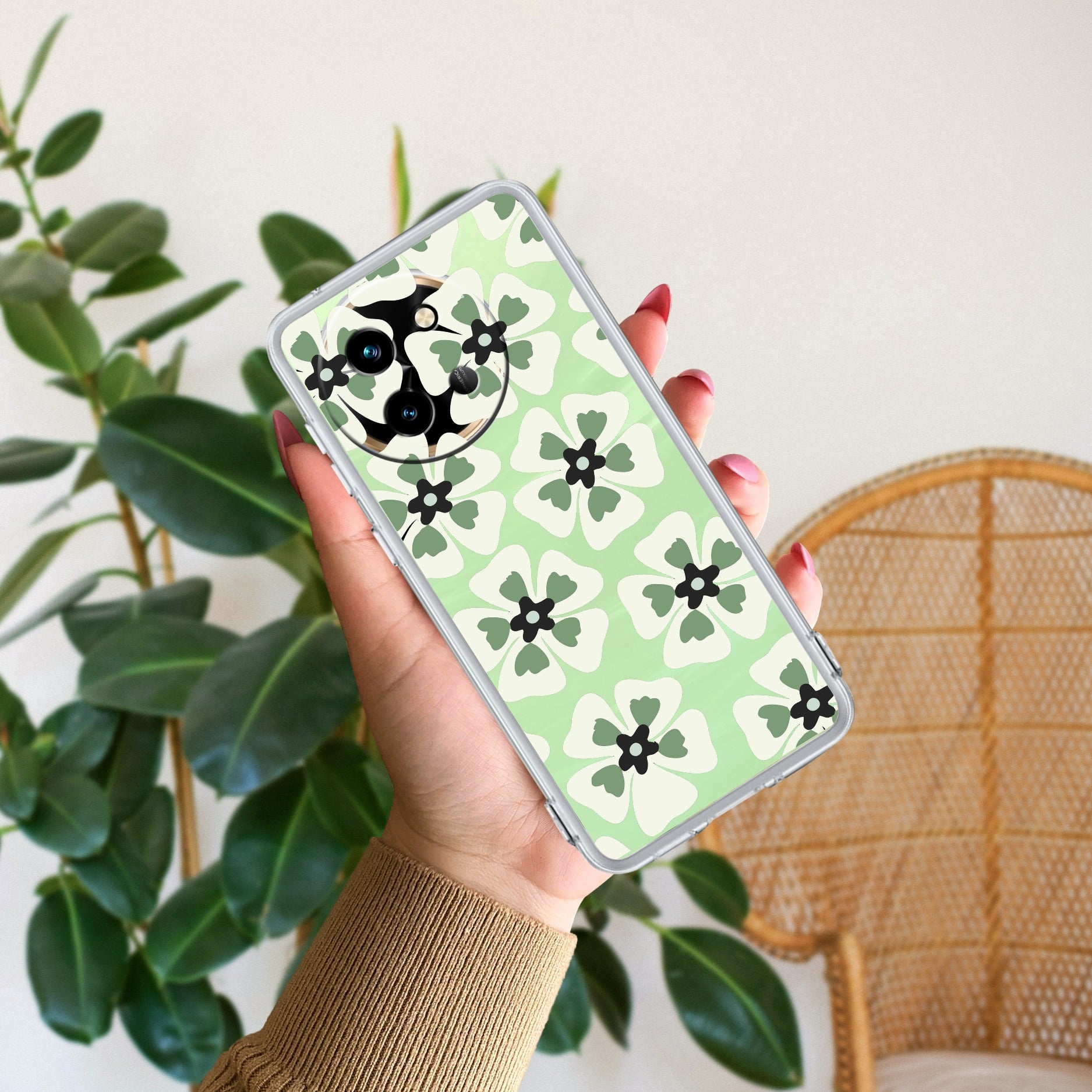 Black and Green Flower Transparent silicon case For Vivo T3X 5G