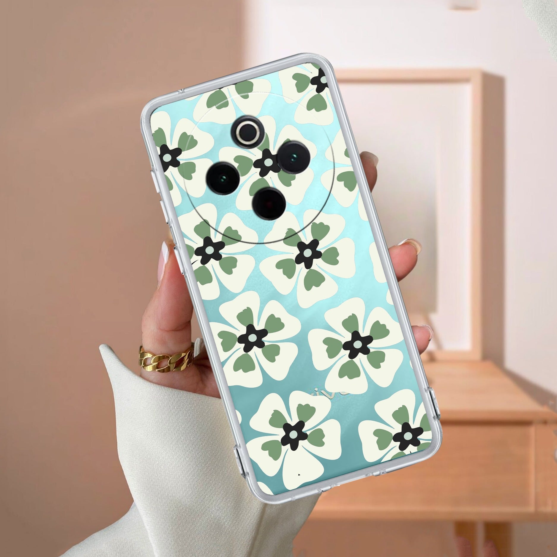 Black and Green Flower Transparent silicon case For Vivo T4 5G