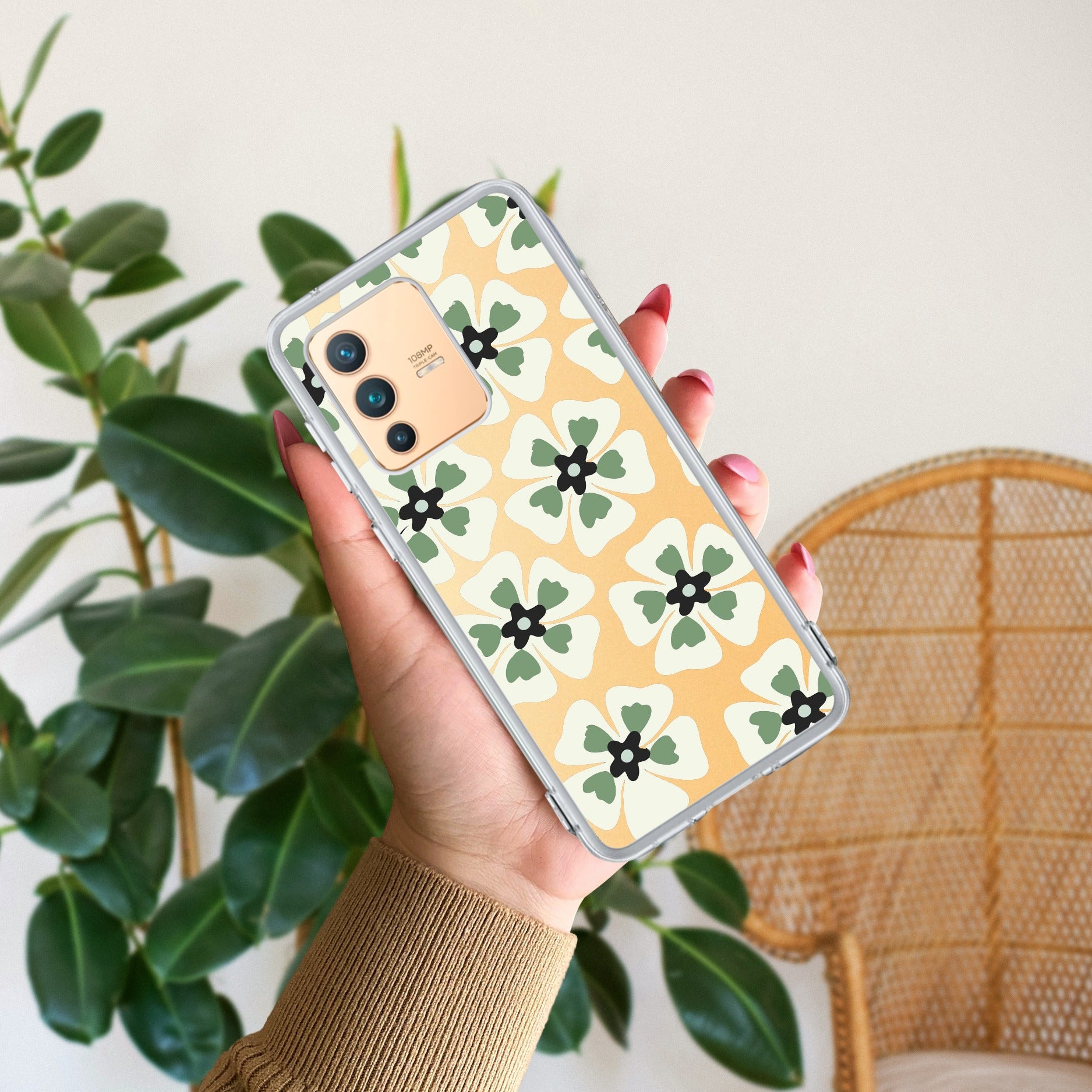 Black and Green Flower Transparent silicon case For Vivo V23 5G