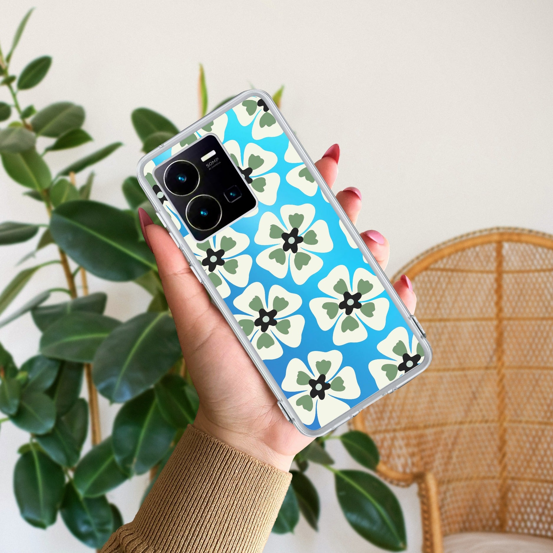 Black and Green Flower Transparent silicon case For Vivo Y35