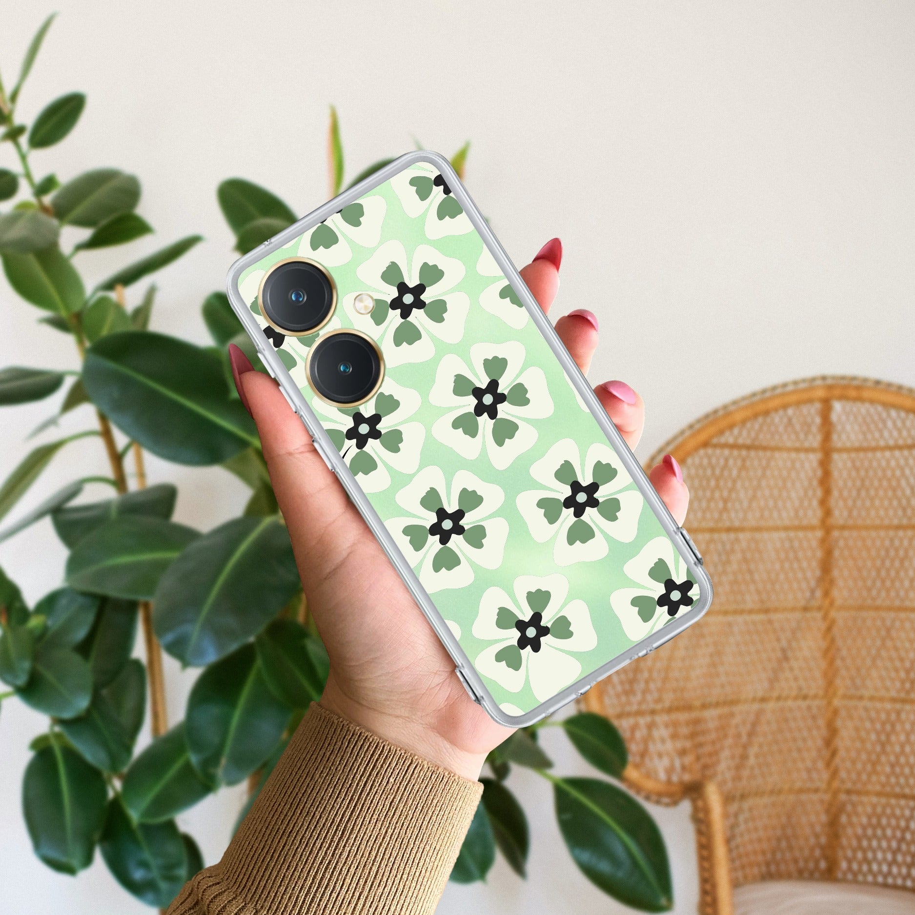 Black and Green Flower Transparent silicon case For Vivo Y27 4G