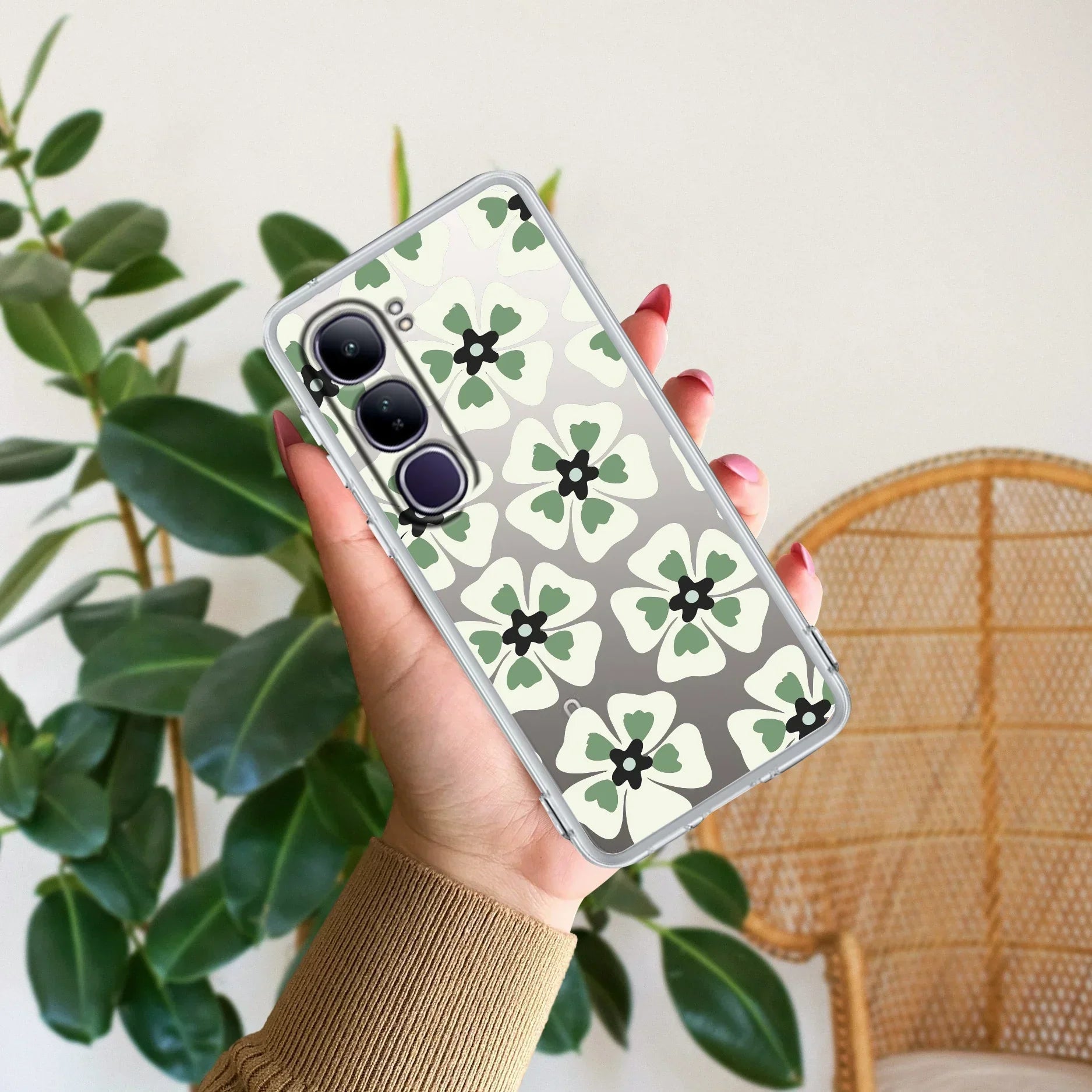Black and Green Flower Transparent silicon case For Vivo Y300 5G