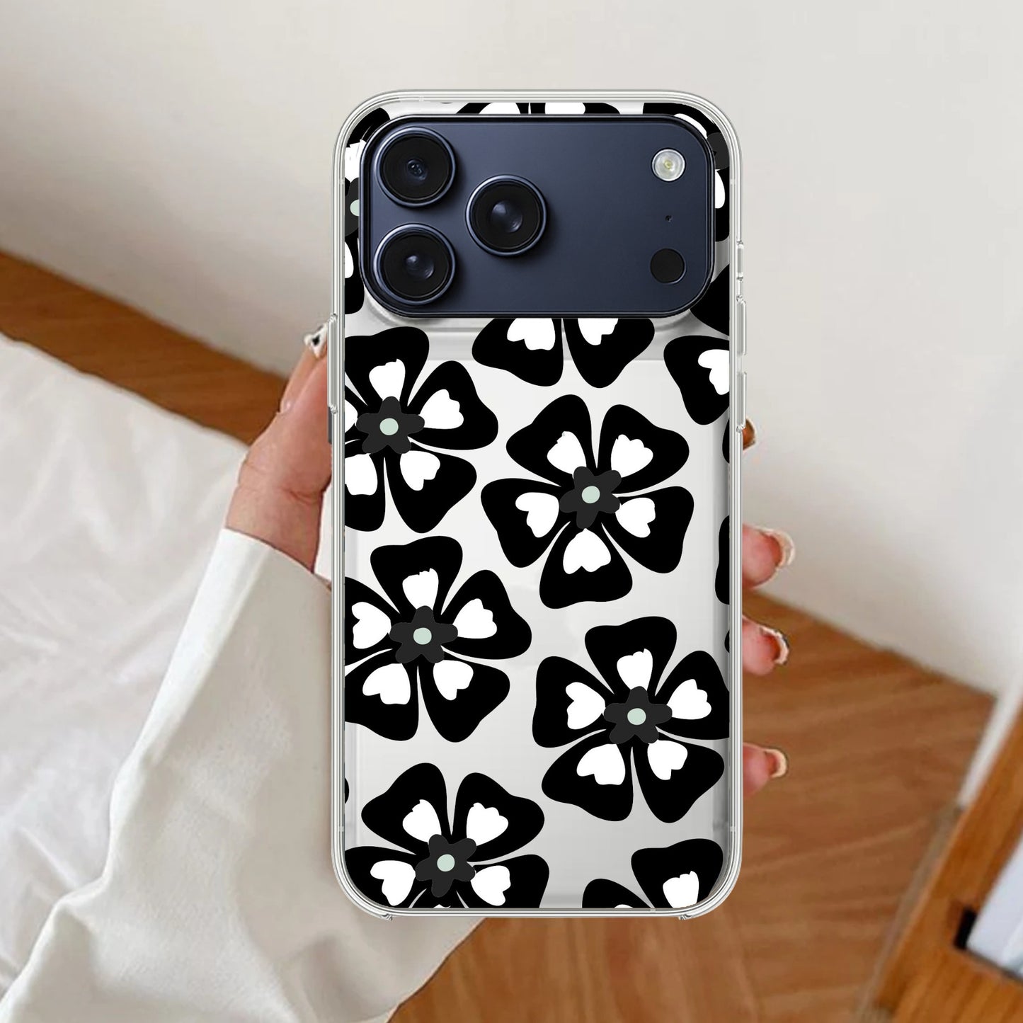 Black and White Flower Transparent Silicon case For iPhone