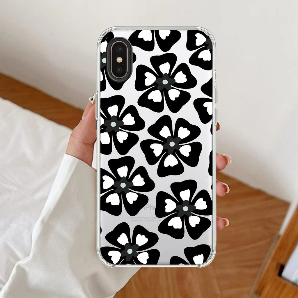 Black and White Flower Anti Yellow Clear Case For iPhone Xs Max