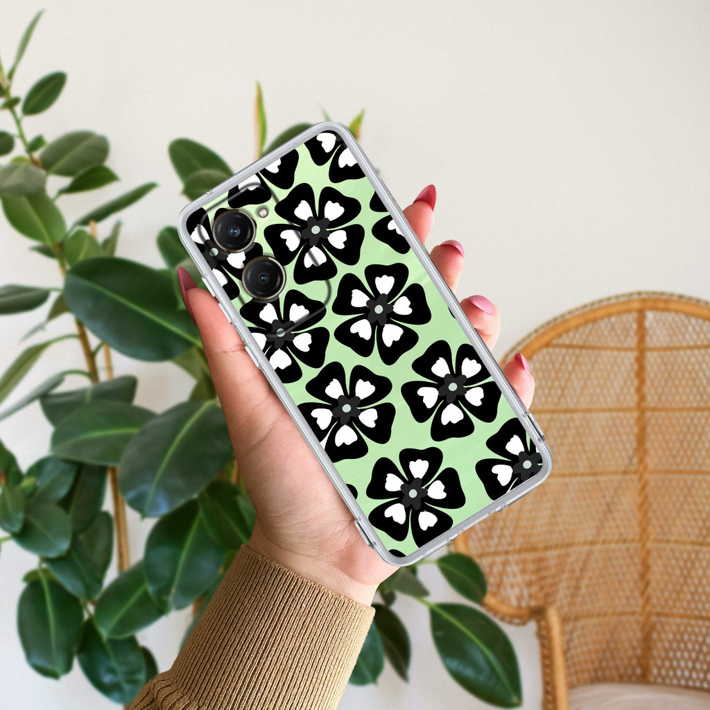 Black and White Flower Transparent Silicon case For Vivo V30 Pro 5G
