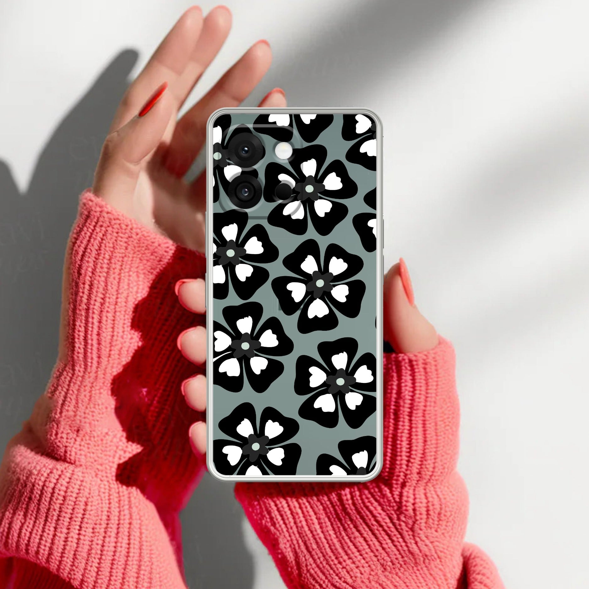 Black and White Flower Transparent Silicon case For OnePlus 13s 5G