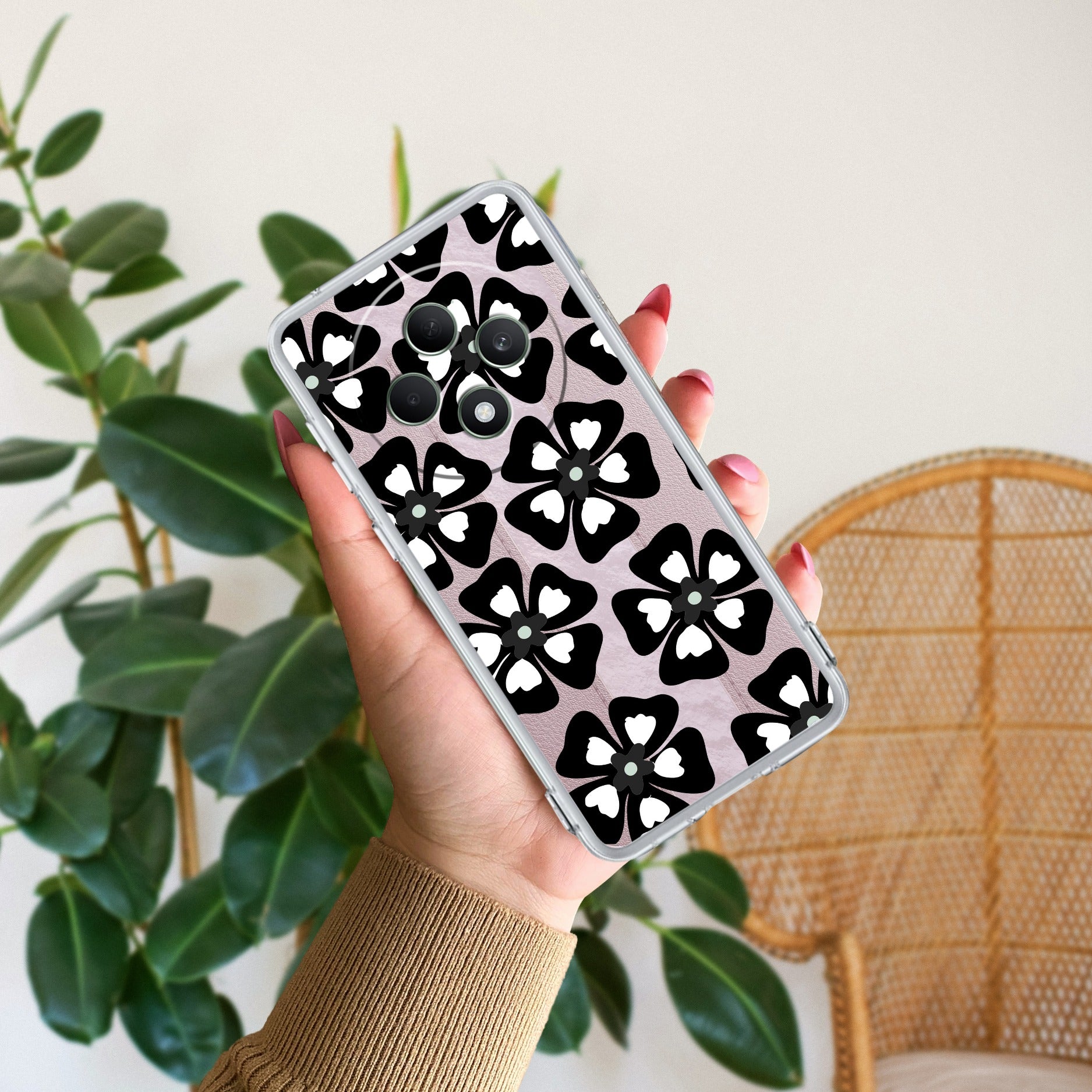 Black and White Flower Anti Yellow Case For Oppo F27 5G