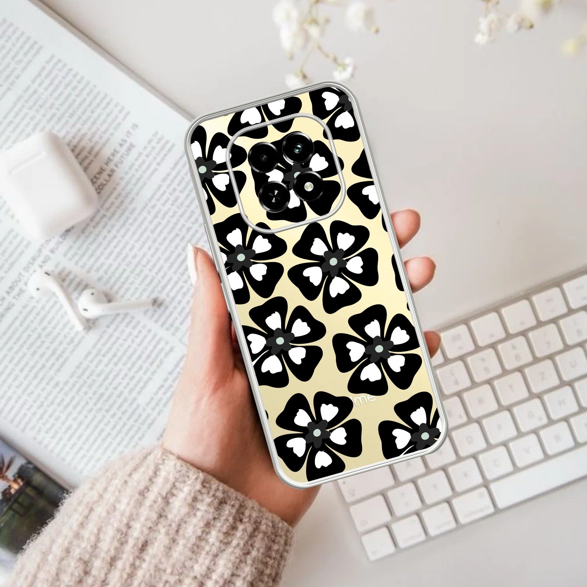 Black and White Flower Transparent Silicon case For Oppo F29 5G