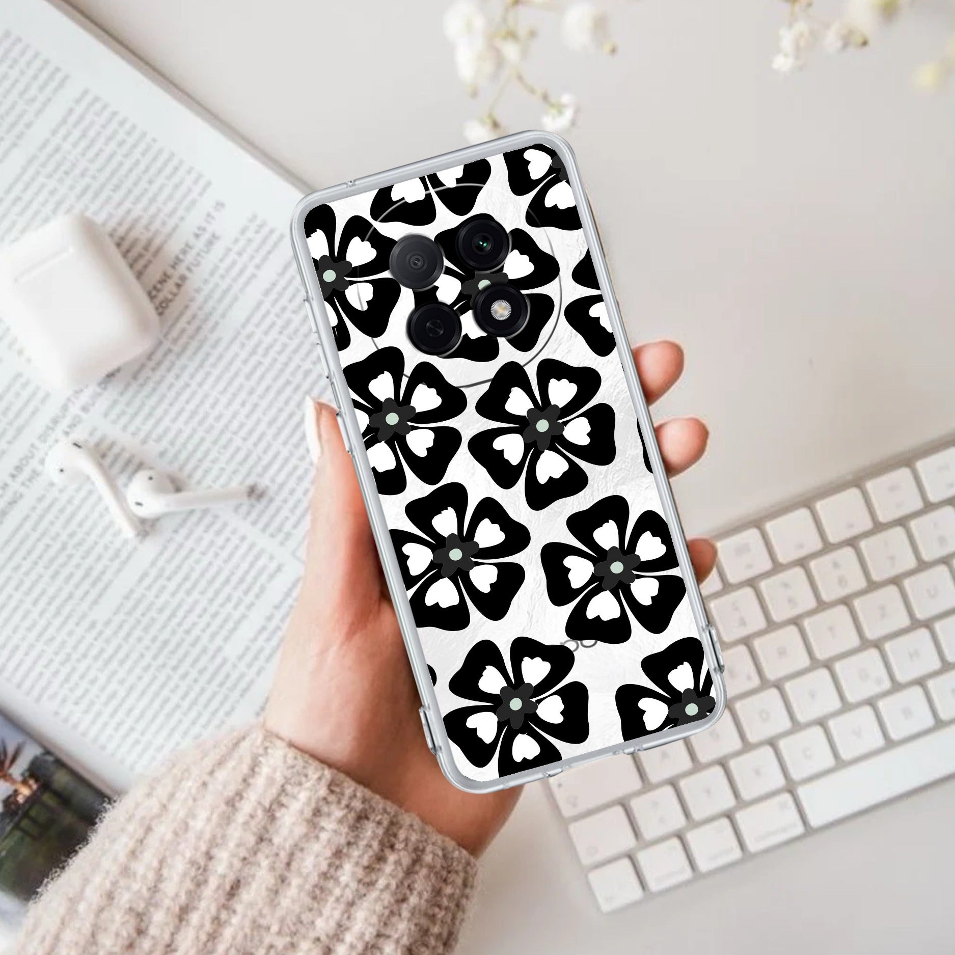 Black and White Flower Transparent Silicon case For Oppo F29 Pro 5G