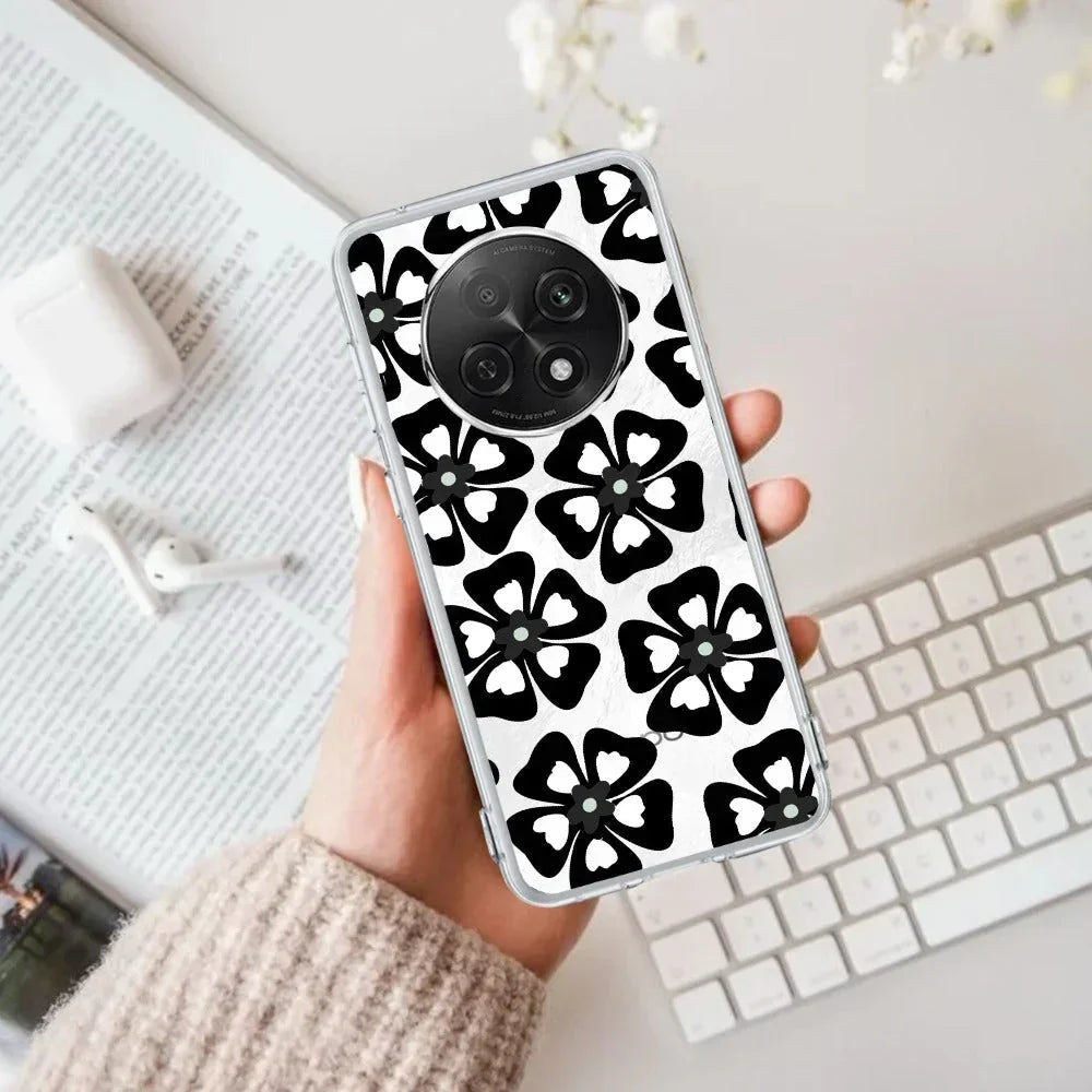 Black and White Flower Anti Yellow Case For Oppo F29 Pro 5G