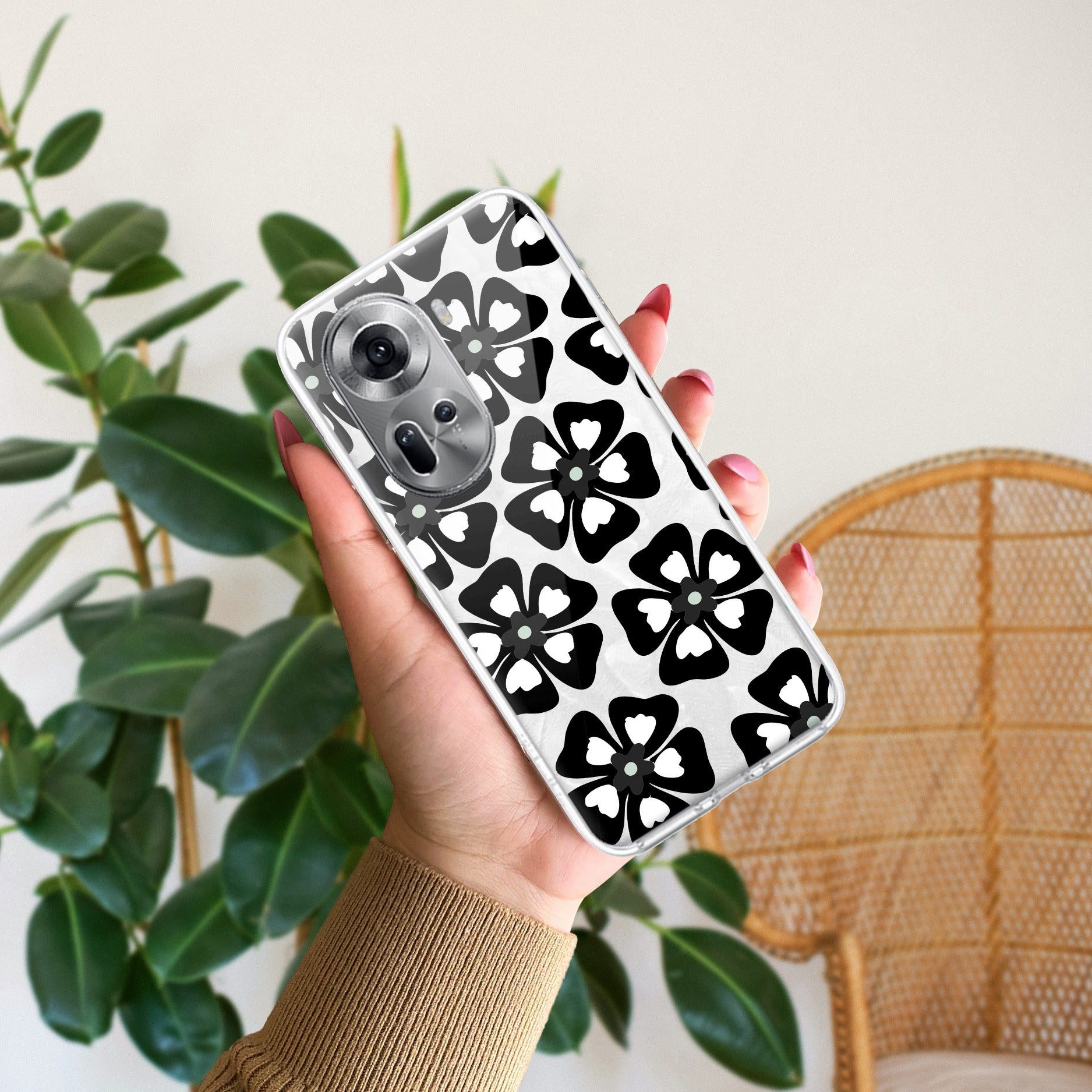 Black and White Flower Transparent Silicon case For Oppo Reno 11 5G