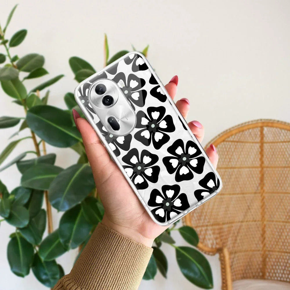 Black and White Flower Transparent Silicon case For Oppo Reno 11 Pro 5G