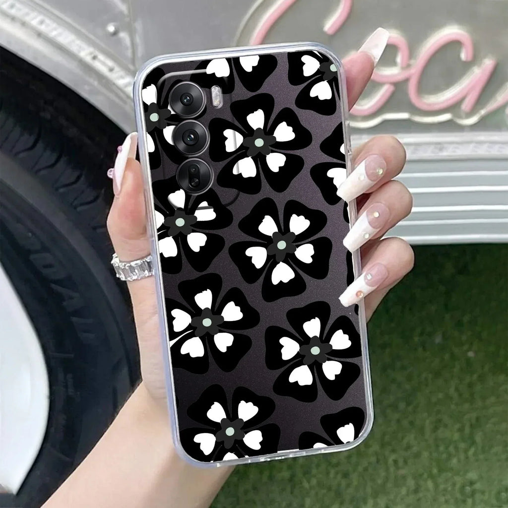 Black and White Flower Anti Yellow Case For Oppo Reno 12 Pro 5G