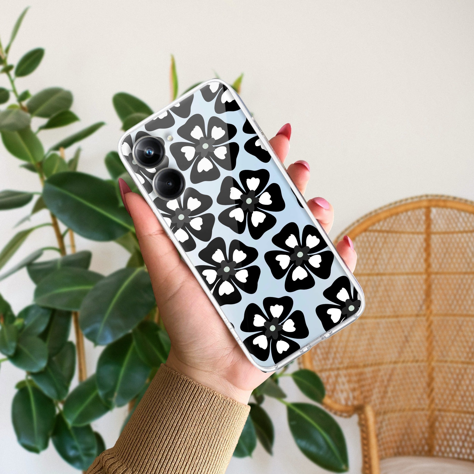 Black and White Flower Transparent Silicon case For Realme 10 Pro 5G