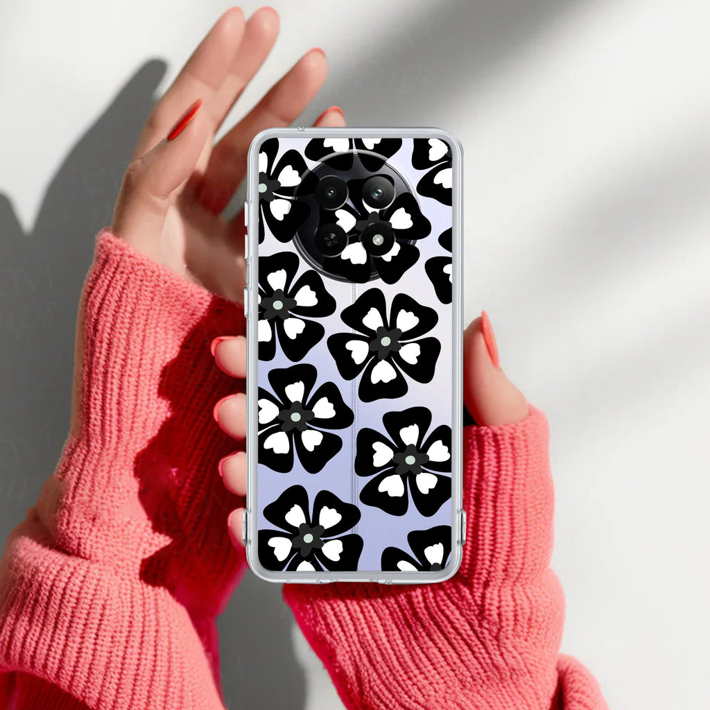 Black and White Flower Anti Yelllow Case For Realme 12 5G