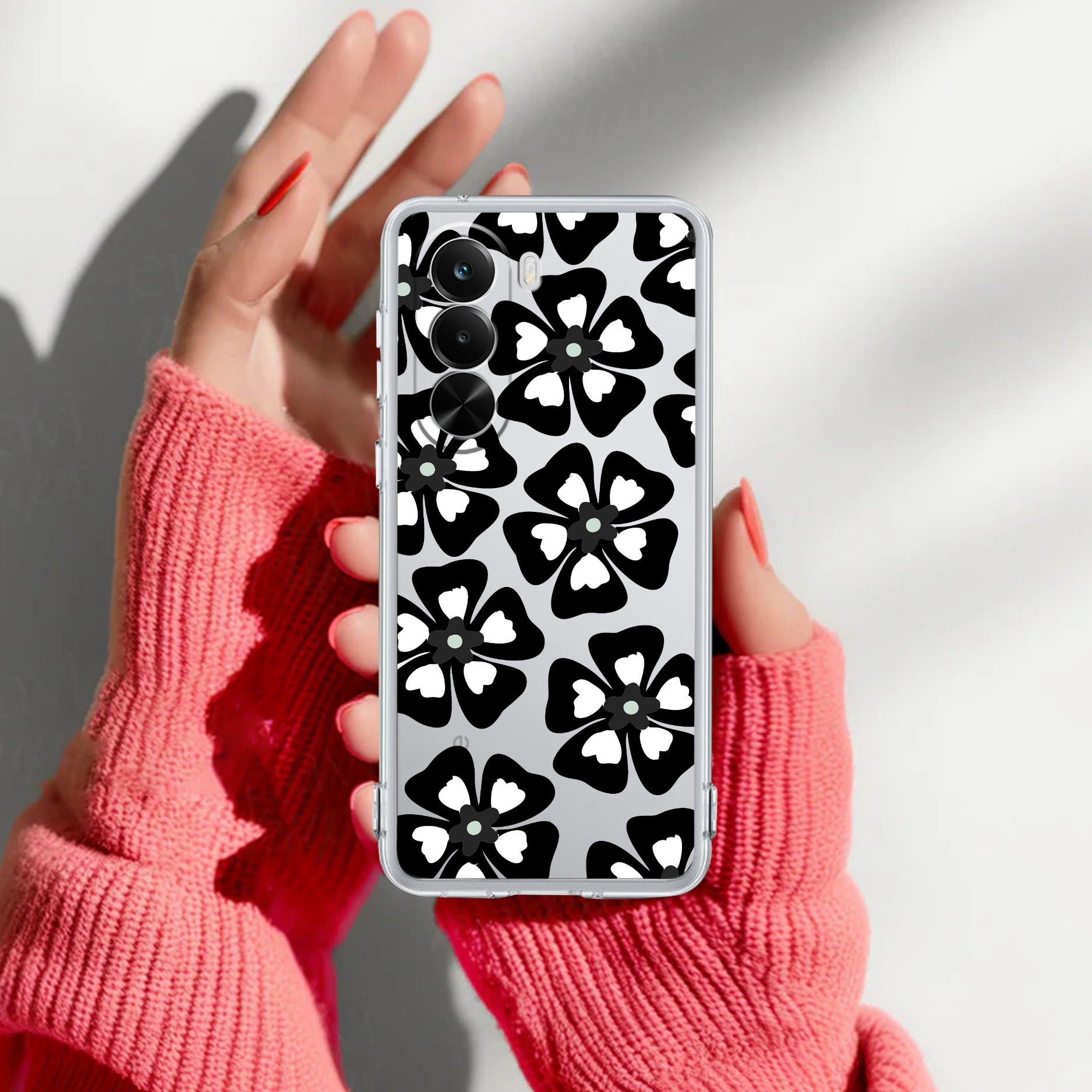 Black and White Flower Transparent Silicon case For Realme P4x 5G