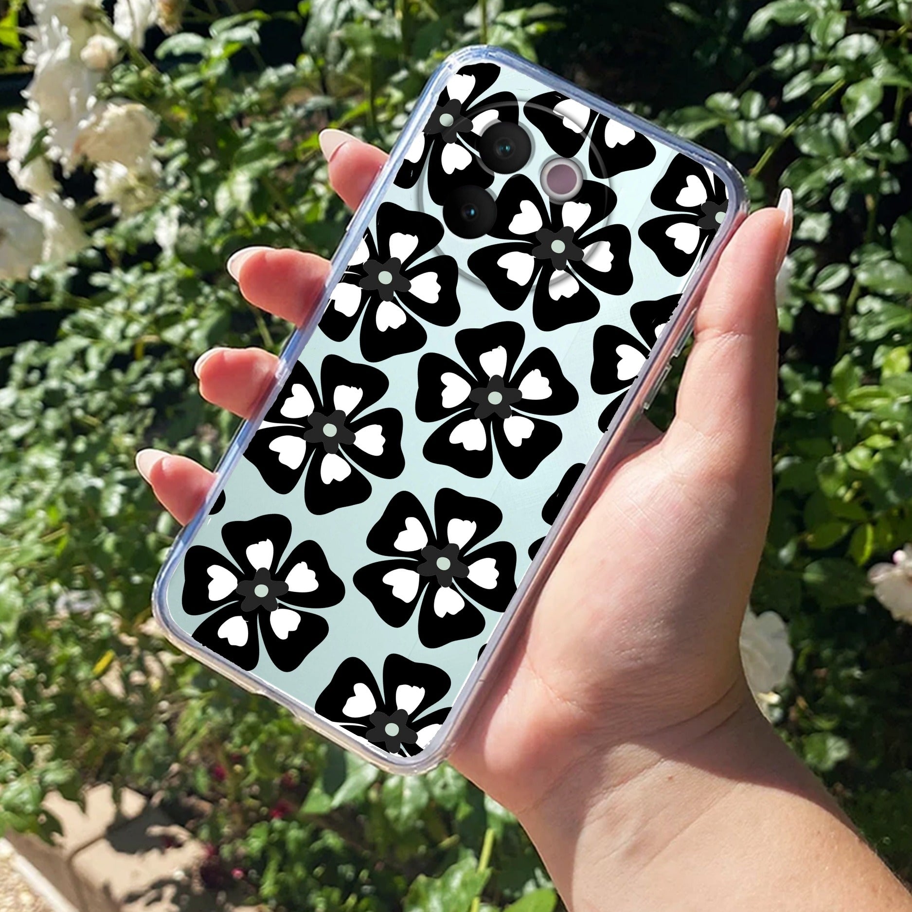 Black and White Flower Transparent Silicon case For Vivo V30e 5G
