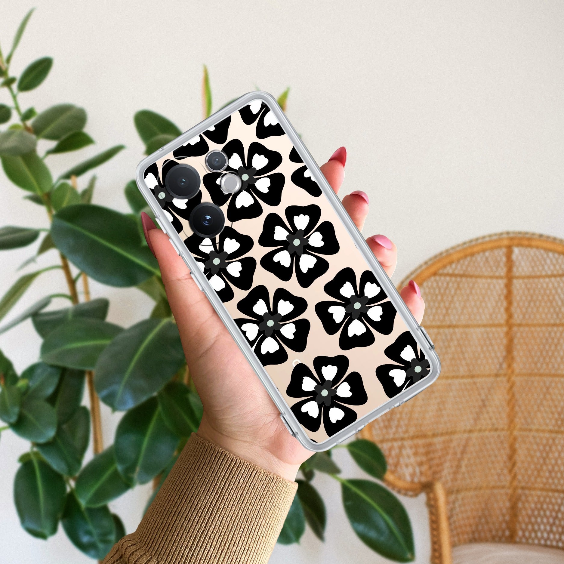 Black and White Flower Transparent Silicon case For Vivo V60 5G