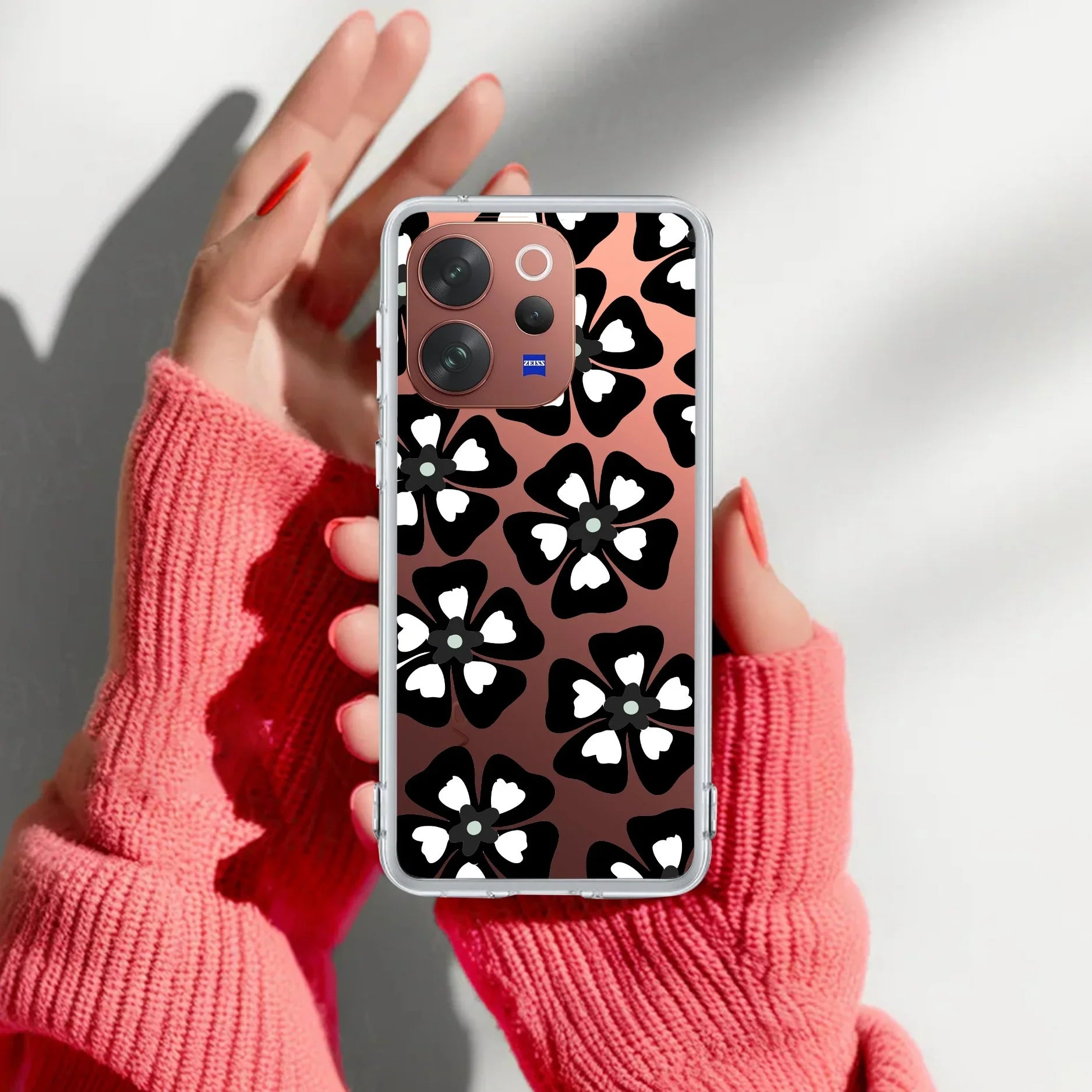 Black and White Flower Transparent Silicon case For Vivo V23 5G